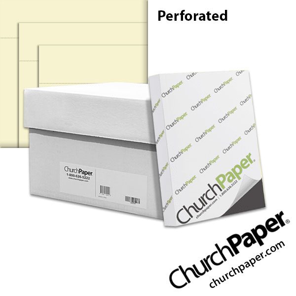 Church Paper Opaque Cream perforated paper shown with cream sheets featuring horizontal perforation lines, ream packaging and shipping box.
