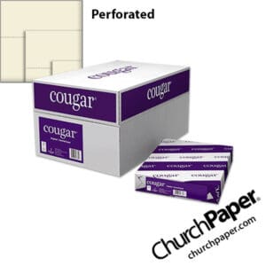 Domtar Cougar® Perforated Opaque Natural Paper with paper case, wrapped ream and perforated natural paper swatch, available from Church Paper.