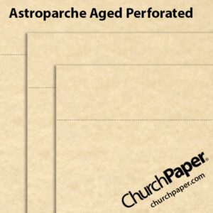 Neenah Astroparche® Aged perforated paper and cardstock swatch showing warm antique beige parchment-style sheets with subtle mottling, layered corners and horizontal perforation lines.