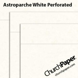 Neenah Astroparche® White perforated paper and cardstock swatch showing soft white parchment-style sheets with subtle mottling, layered corners and horizontal perforation lines.