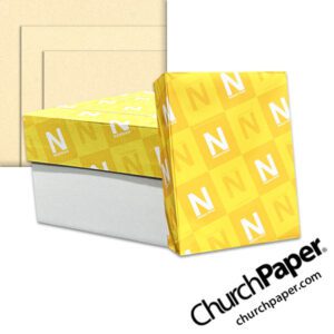 Neenah Royal Sundance® Cream Fiber paper and cardstock with wrapped ream and warm cream flecked paper swatch, available from Church Paper.