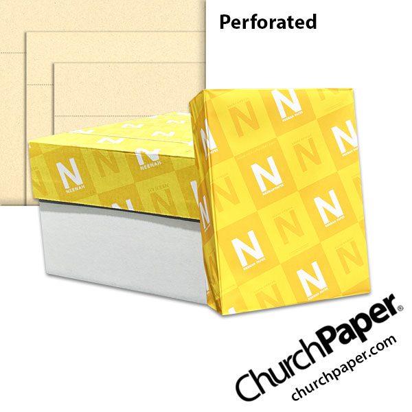 royal-sundance-cream-fiber-perforated-paper-churchpaper Neenah Royal Sundance® Cream Fiber perforated paper and cardstock with wrapped ream and warm cream flecked sheets showing horizontal perforation lines.