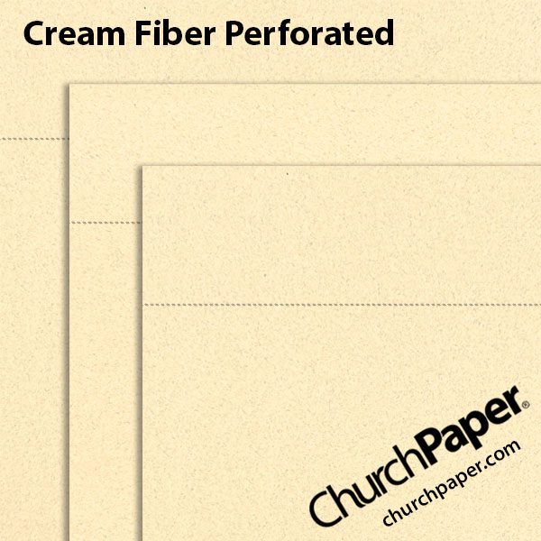 royal-sundance-cream-fiber-perforated-paper-swatch-churchpaper Neenah Royal Sundance® Cream Fiber perforated paper and cardstock swatch showing warm cream flecked sheets with horizontal perforation lines.