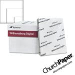 Sylvamo Williamsburg White Paper case and ream with white paper color swatch, available from Church Paper.