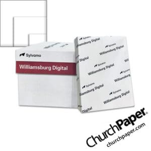 Sylvamo Williamsburg White Paper case and ream with white paper color swatch, available from Church Paper.