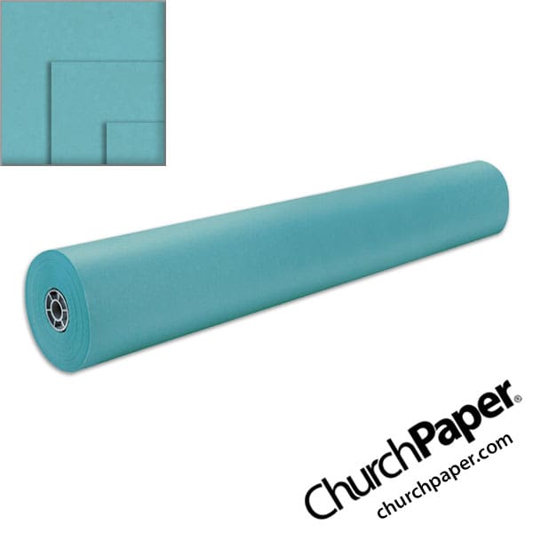 pacon-rainbow-aqua-kraft-paper-roll_churchpaper Pacon Rainbow Colored Kraft Paper Roll in Aqua with color swatch, featuring a full paper roll available from Church Paper.