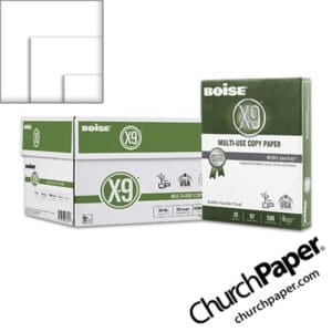 Boise X-9 Multipurpose White Copy Paper case and ream with white paper color swatch, available from Church Paper.