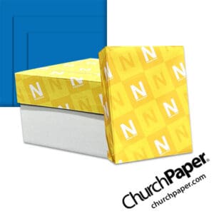 Neenah Astrobrights® Blast-Off Blue Paper with paper carton, wrapped ream and vibrant blue paper swatch, available from Church Paper.