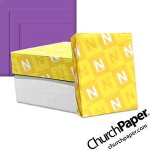 Neenah Astrobrights® Gravity Grape Paper with paper carton, wrapped ream and vibrant purple paper swatch, available from Church Paper.