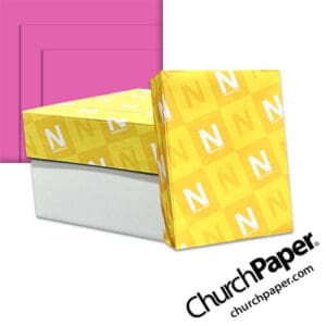 Neenah Astrobrights® Outrageous Orchid Paper with paper carton, wrapped ream and vibrant orchid pink paper swatch, available from Church Paper.