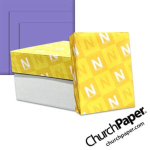 Neenah Astrobrights® Venus Violet Paper with paper carton, wrapped ream and vibrant violet paper swatch, available from Church Paper.