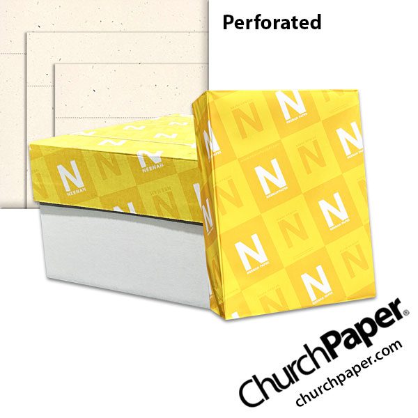 royal-sundance-birch-fiber-perforated-paper-churchpaper Neenah Royal Sundance® Birch Fiber perforated paper and cardstock with wrapped ream and light natural flecked sheets showing horizontal perforation lines.