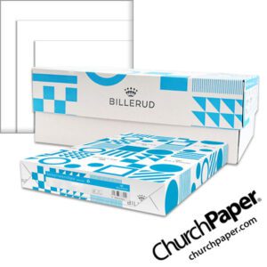 Billerud Sterling® Premium Digital white paper with stacked white sheets and blue-and-white Billerud paper ream packaging from Church Paper.