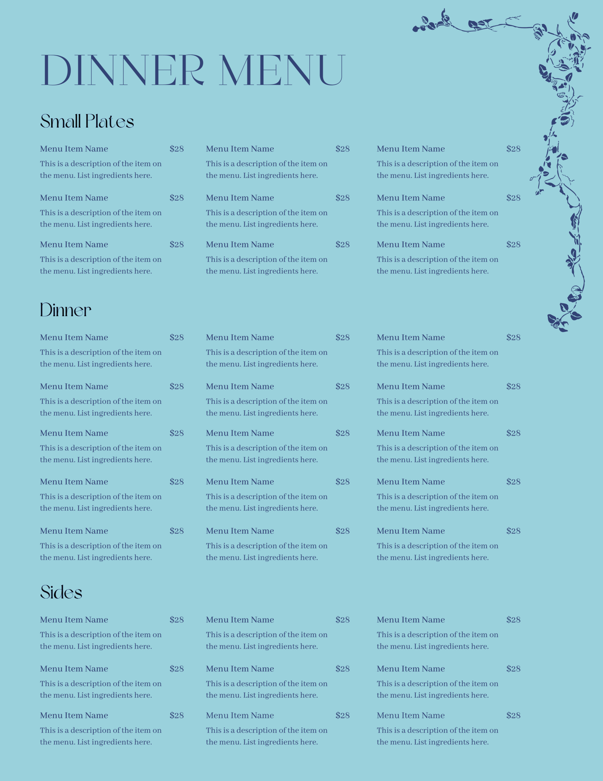 Elegant food menu created with bright, colored menu paper