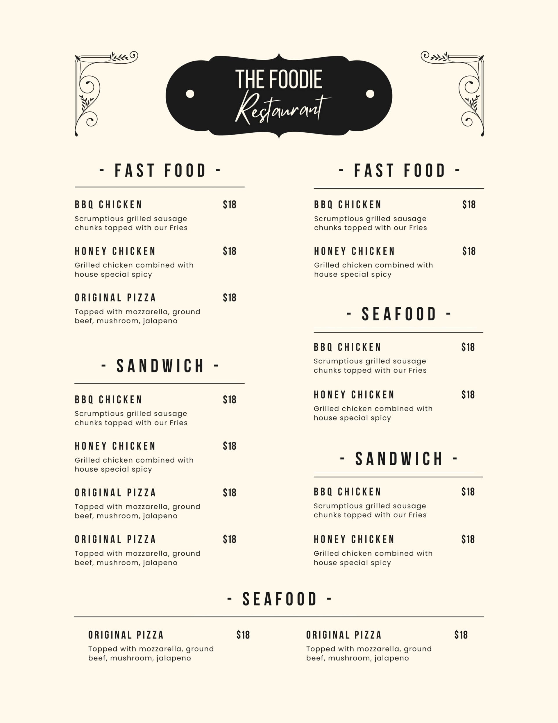 Cougar Natural Restaurant Menu using standard, durable menu paper