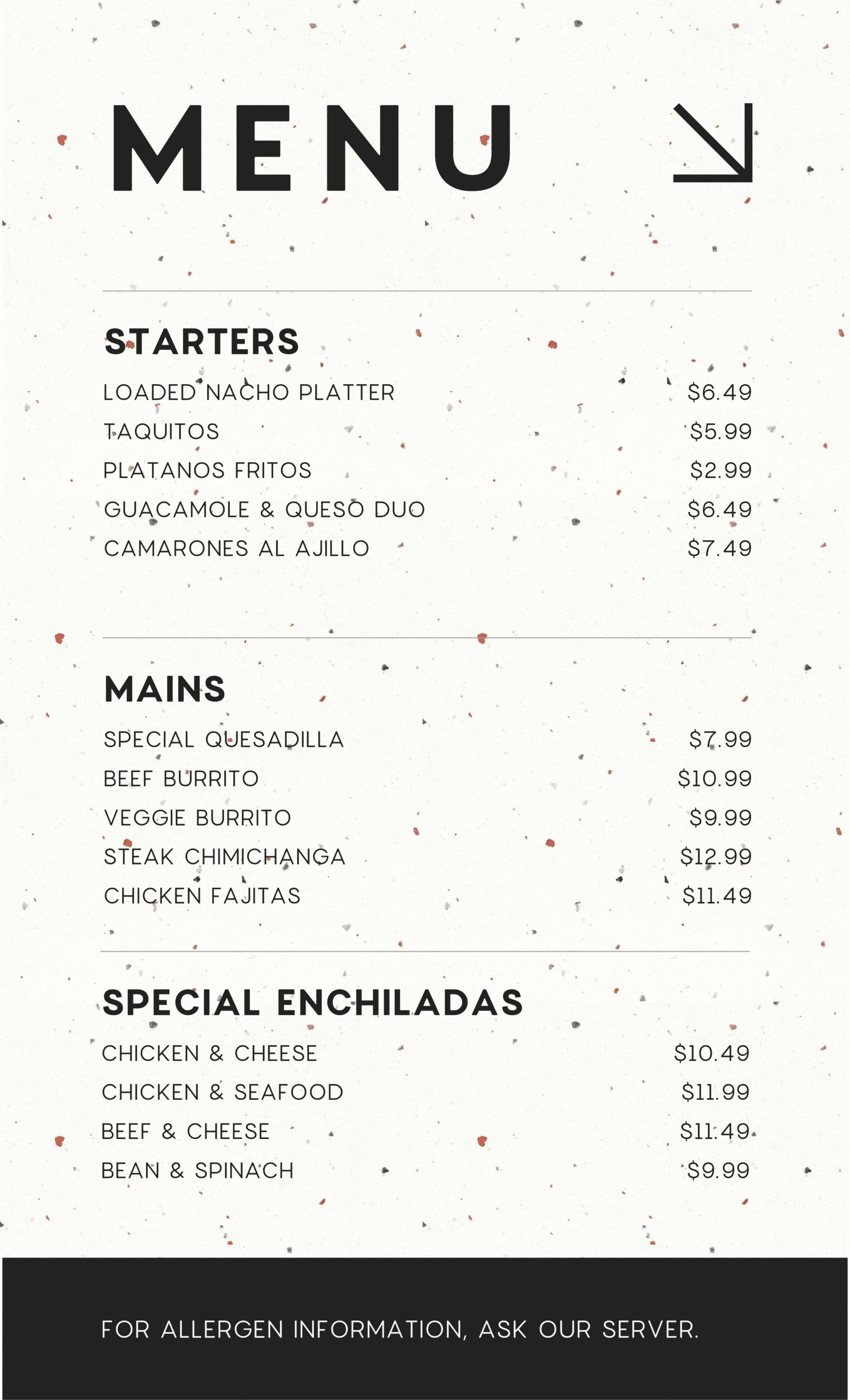 Star dust menu paper for restaurants