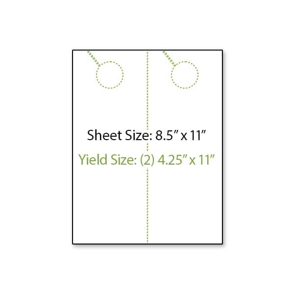 Illustration of an 8.5 inch by 11 inch sheet of paper shown in a portrait orientation with perforation lines creating two 4.25 inch wide by 11 inch tall door hangers.