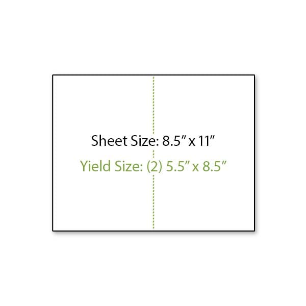 Illustration of an 8.5 inch by 11 inch sheet of paper shown in a landscape orientation with a perforation line running vertically down the center of the sheet creating two 5.5 inch wide by 8.5 inch tall yield areas.