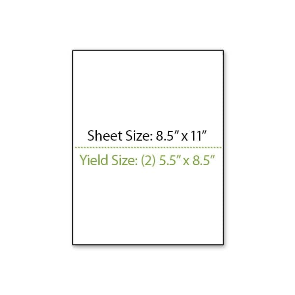 Illustration of an 8.5 inch by 11 inch sheet of paper shown in a portrait orientation with a perforation line running horizontally across the center of the sheet creating two 5.5 inch tall by 8.5 inch wide yield areas.
