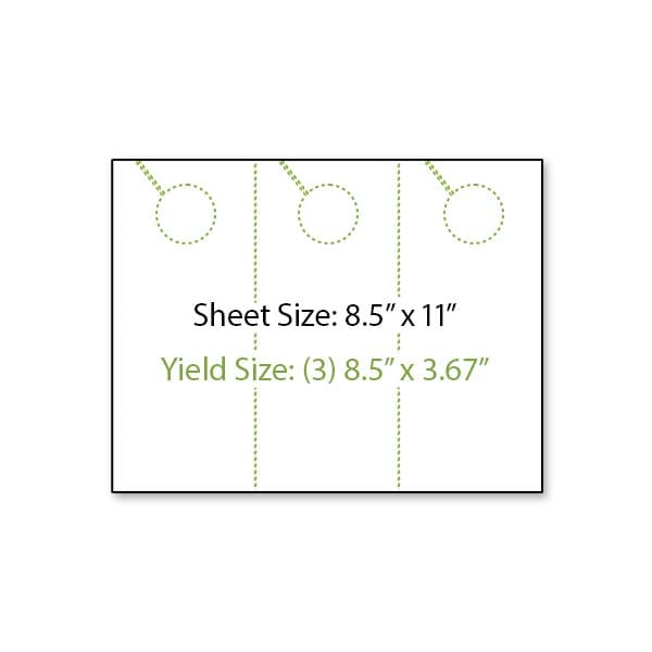 Illustration of an 8.5 inch by 11 inch sheet of paper shown in a landscape orientation with perforation lines creating three 3.67 inch wide by 8.5 inch tall door hangers.