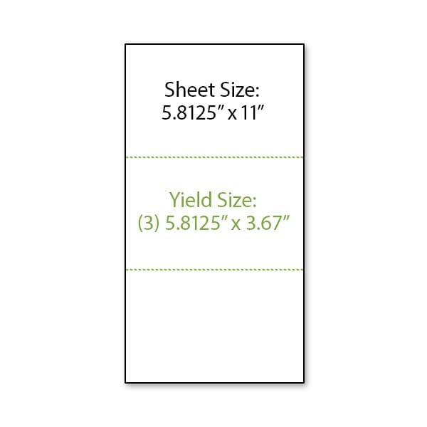 Illustration of a 5.8125 inch by 11 inch sheet of paper shown in a portrait orientation with a two perforation lines running horizontally across the sheet creating three 5.8125 inch wide by 3.67 inch tall yield areas.