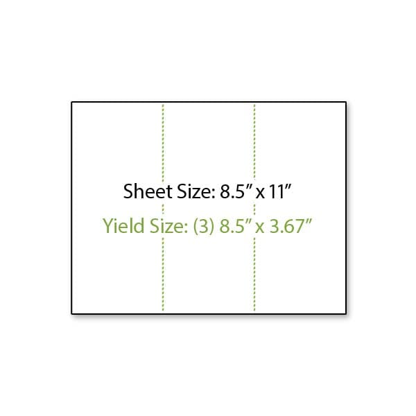 Illustration of an 8.5 inch by 11 inch sheet of paper shown in a landscape orientation with two perforation lines running vertically down the sheet creating two 8.5 inch tall by 3.67 inch wide yield areas.