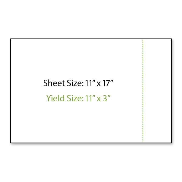 Illustration of an 11 inch by 17 inch sheet of paper shown in a landscape orientation with a perforation line running vertically down the right-hand side of the sheet creating an 11 inch tall by 3 inch wide yield area.