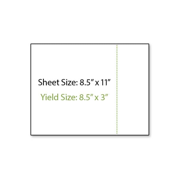 Illustration of an 8.5 inch by 11 inch sheet of paper shown in a landscape orientation with a perforation line running vertically down the right-hand side of the sheet creating an 8.5 inch tall by 3 inch wide yield area.