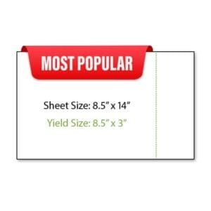 Illustration of an 8.5 inch by 14 inch sheet of paper shown in a landscape orientation with a perforation line running vertically down the right-hand side of the sheet creating an 8.5 inch tall by 3 inch wide yield area..