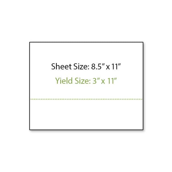 Illustration of an 8.5 inch by 11 inch sheet of paper shown in a landscape orientation with a perforation line running horizontally across the sheet creating a 3 inch tall by 11 inch wide yield area.