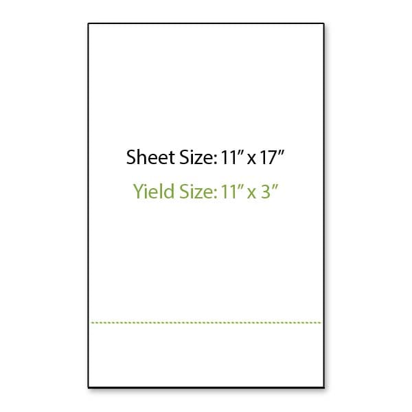 Illustration of an 11 inch by 17 inch sheet of paper shown in a portrait orientation with a perforation line running horizontally across the width of the sheet 3 inches from the bottom edge creating an 11 inch wide by 3 inch tall yield area.