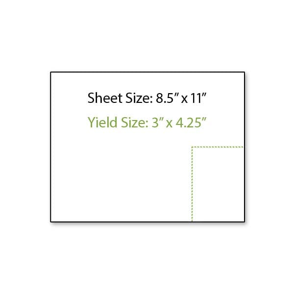 Illustration of an 8.5 inch by 11 inch sheet of paper shown in a landscape orientation with a perforation line running vertically up 4.25 inches from the bottom edge of the sheet connecting to a perforation line running 3 inches horizontally to the right-hand edge of the paper creating a 3 inch wide by 4.25 inch tall yield area.