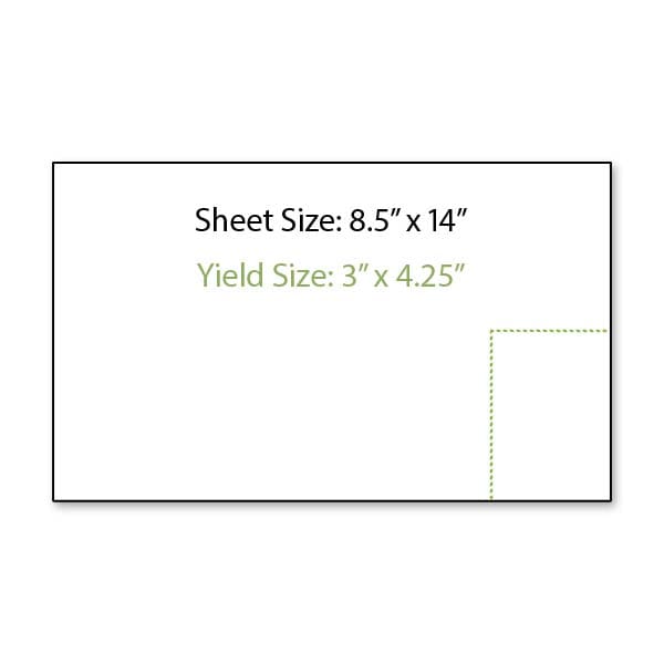 Illustration of an 8.5 inch by 14 inch sheet of paper shown in a landscape orientation with a perforation line running vertically up 4.25 inches from the bottom edge of the sheet connecting to a perforation line running 3 inches horizontally to the right-hand edge of the paper creating a 3 inch wide by 4.25 inch tall yield area.