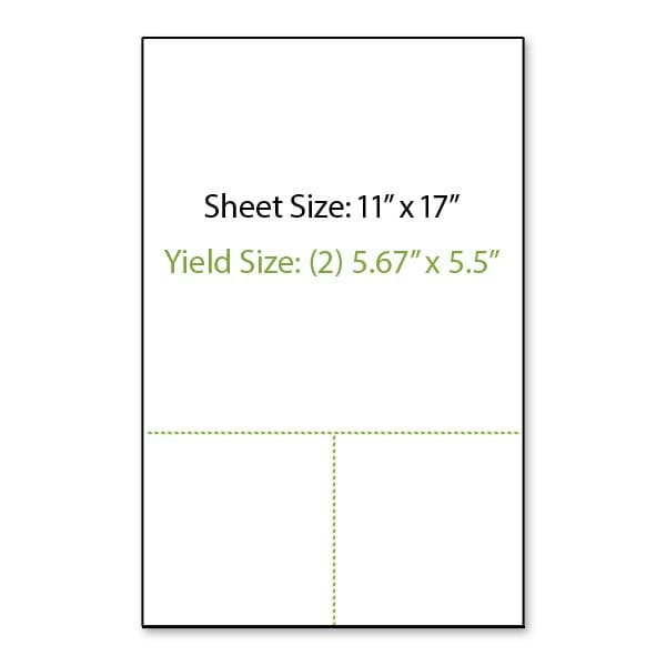 Illustration of an 11 inch by 17 inch sheet of paper shown in a portrait orientation with one perforation line running horizontally across the sheet 5.67 inches from the bottom edge and a second perforation line running vertically from the bottom edge forming a T perforation that creates two 5.5 inch wide by 5.67 inch tall yield areas.
