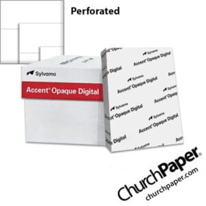 Sylvamo Accent® Opaque Digital perforated white paper with paper ream, perforated paper swatch and sample sheet, available from Church Paper.