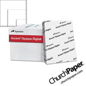 Sylvamo Accent® Opaque Digital white paper with paper ream, white paper swatch and sample sheet, available from Church Paper.