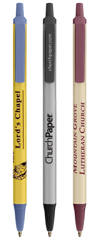 BIC® Clic Stic® custom imprinted ballpoint pens in assorted barrel and trim colors featuring sample church and business logos.