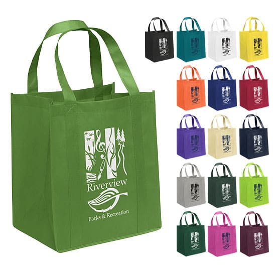 Big Thunder custom imprinted grocery tote bags in assorted colors featuring a sample logo for promotional branding.
