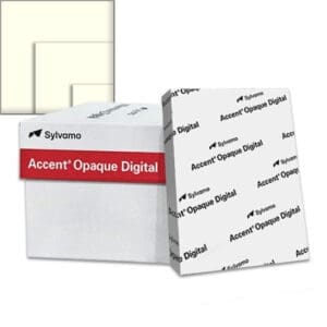 Sylvamo Accent® Opaque Digital natural/warm white paper with paper ream, warm white (natural) paper swatch and sample sheet, available from Church Paper.