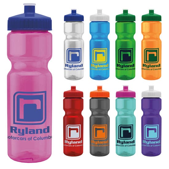 Champ custom imprinted sports water bottles in assorted translucent colors featuring sample logos for promotional branding.