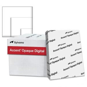 Sylvamo Accent® Opaque Digital white paper with paper ream, white paper swatch and sample sheet, available from Church Paper.