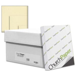 Church Paper Opaque Cream Paper with paper carton, wrapped ream and cream paper swatch.
