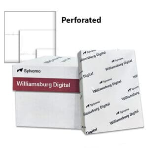 Sylvamo Williamsburg White Perforated Paper case and ream with white paper color swatch, available from Church Paper.