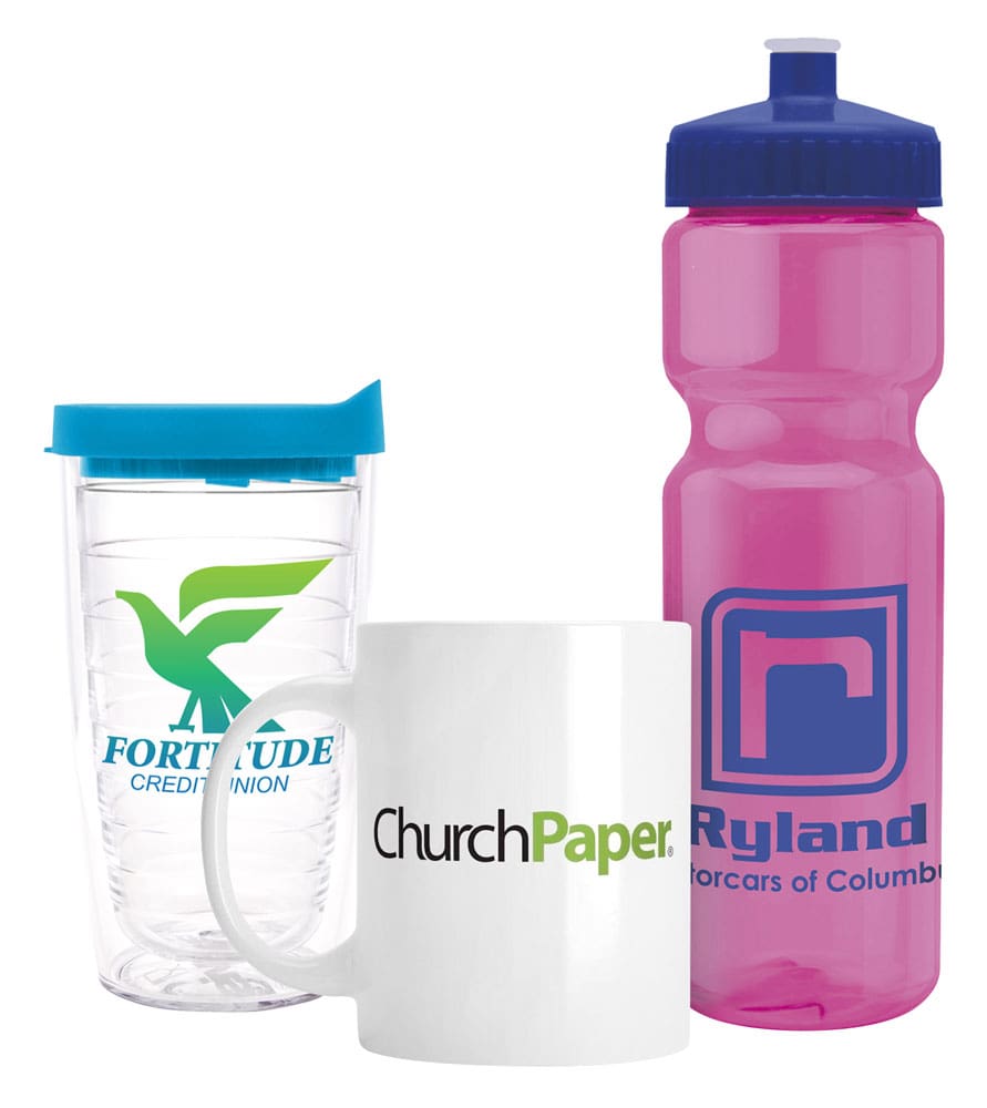 Assortment of custom imprinted drinkware including a travel tumbler, ceramic mug and sports water bottle featuring sample logos for promotional branding.