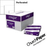 Domtar Cougar® Perforated White Paper with paper case, wrapped ream and perforated white paper swatch, available from Church Paper.
