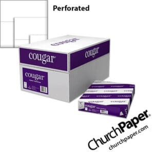 Domtar Cougar® Perforated White Paper with paper case, wrapped ream and perforated white paper swatch, available from Church Paper.