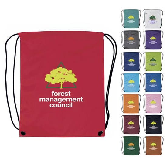 Custom imprinted drawstring backpacks in assorted colors featuring a sample logo for promotional branding.