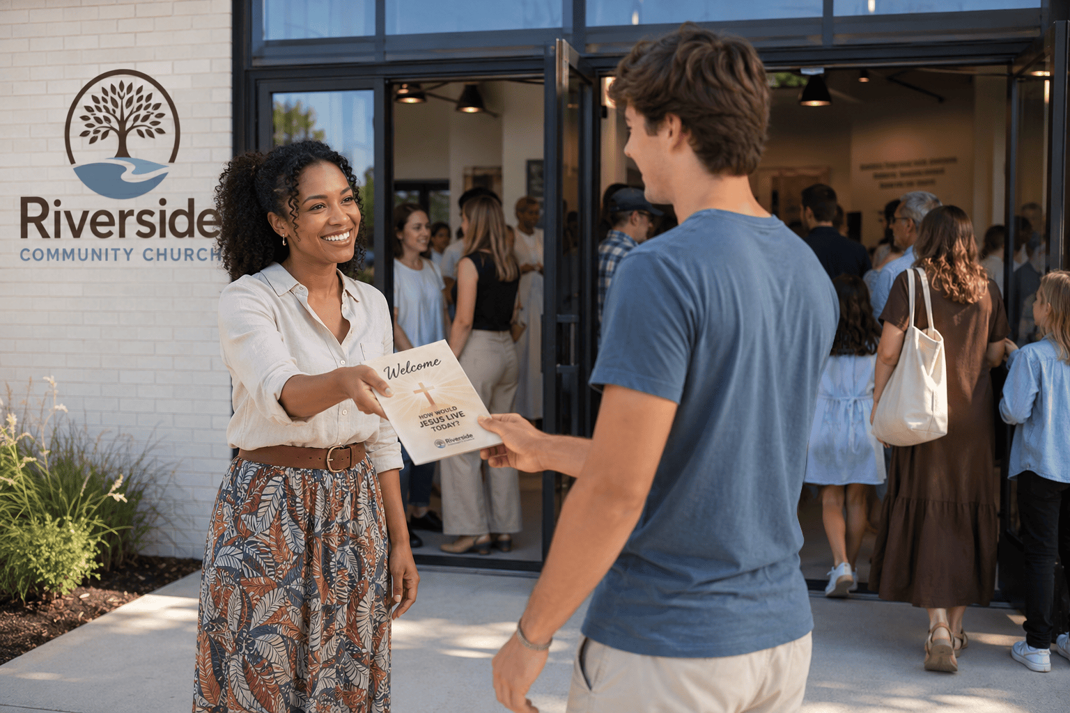 Church greeter welcoming a first-time visitor by handing them a church welcome bulletin outside the entrance to a modern church.