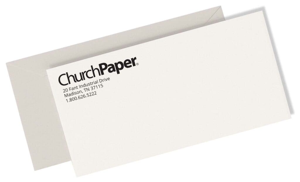 Custom imprinted business envelopes featuring a sample Church Paper logo and return address, available with your own church, business or organization logo and contact information.
