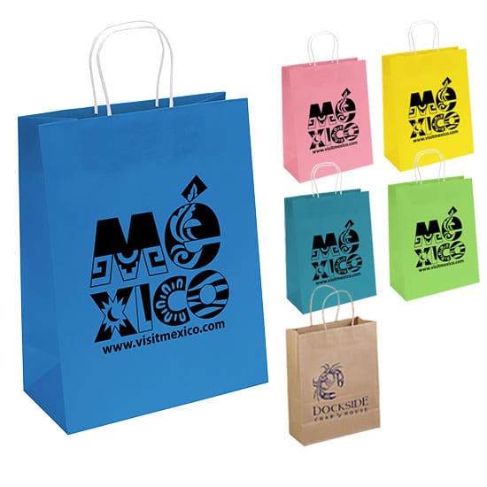 Jenny Brite® and Jenny Eco® custom imprinted paper shopping bags in assorted colors featuring sample logos for promotional branding.
